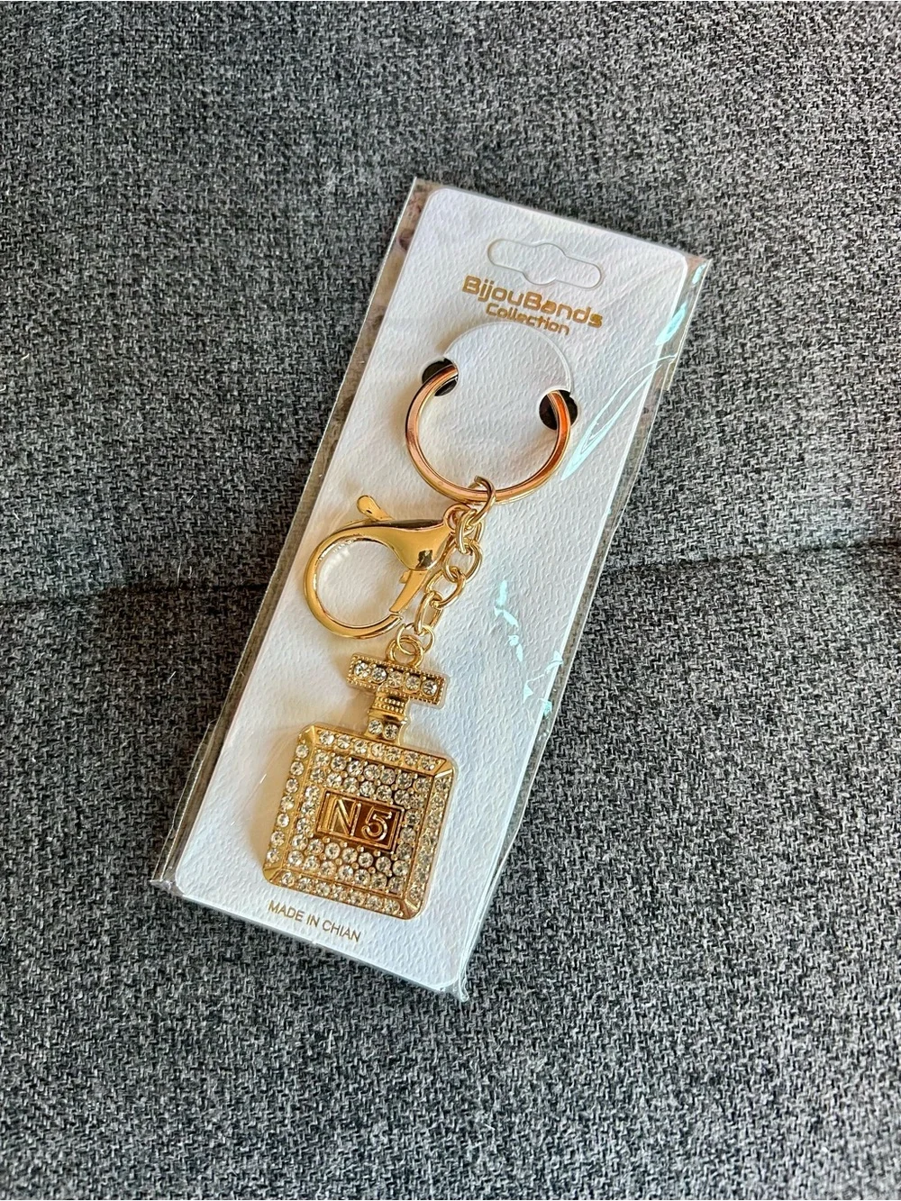 Sparkly, Gold and Clear Rhinestone Perfume Bottle Purse Charm, Charm Keychain